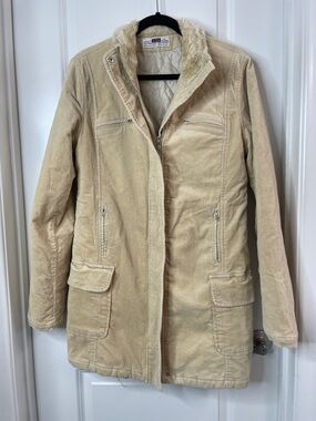 Revolt Jeans Cream Corduroy Trench Coat with Faux Fur Collar